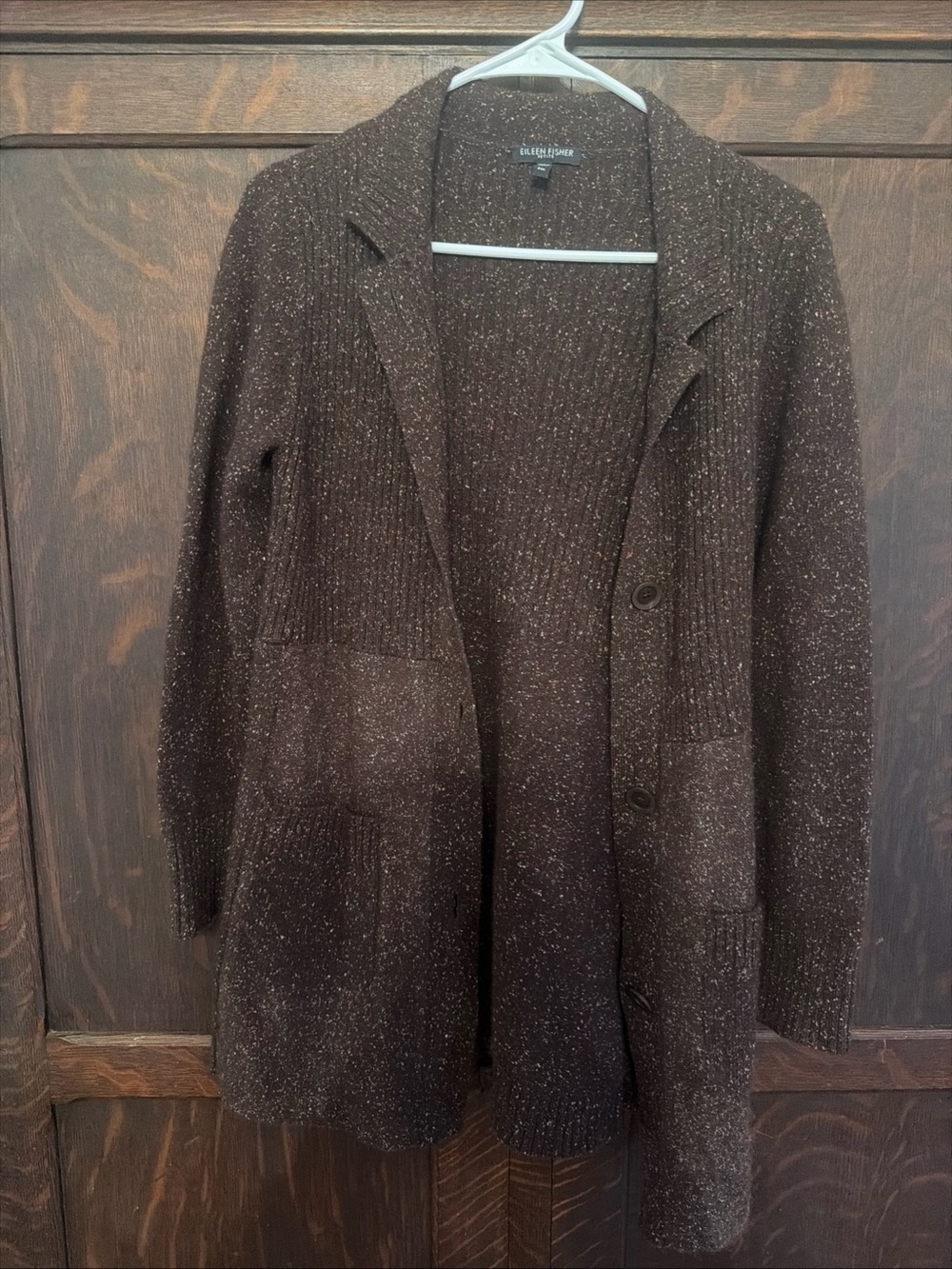 EILEEN FISHER Sweater Petite  Wool Angora Silk Cardigan Long Brown Speckled Sz M